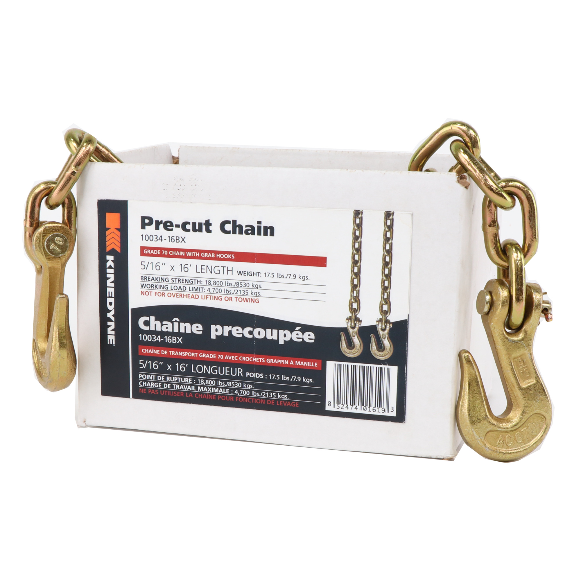 Kinedyne Chain Assembly with Clevis Grab Hooks, 5/16in. x 16ft., 4700-Lb. Capacity, Model# 10034-16BX